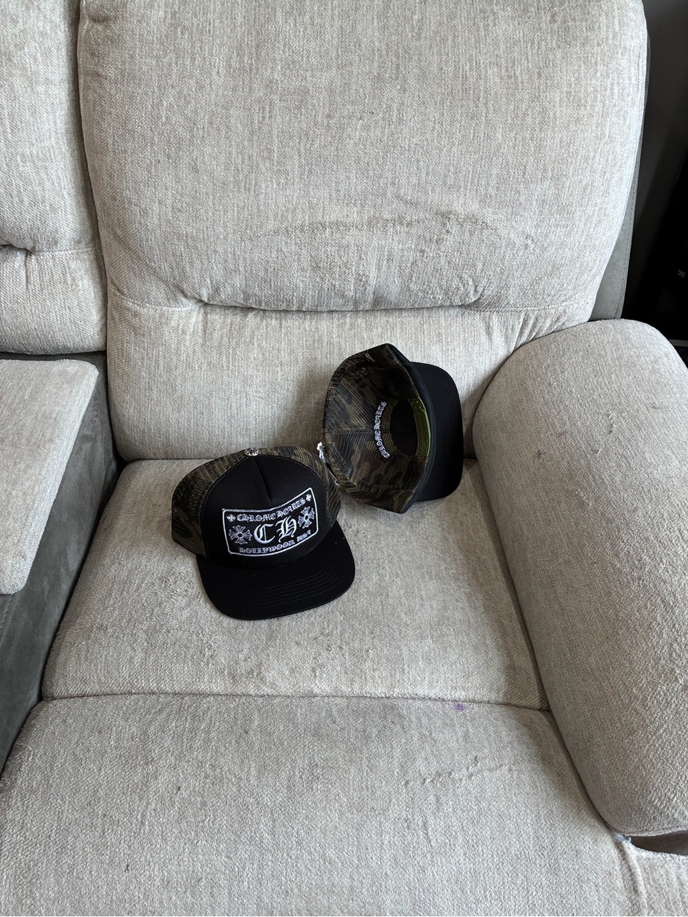 Chrome Hearts Black Trucker Hat with Camo Mesh